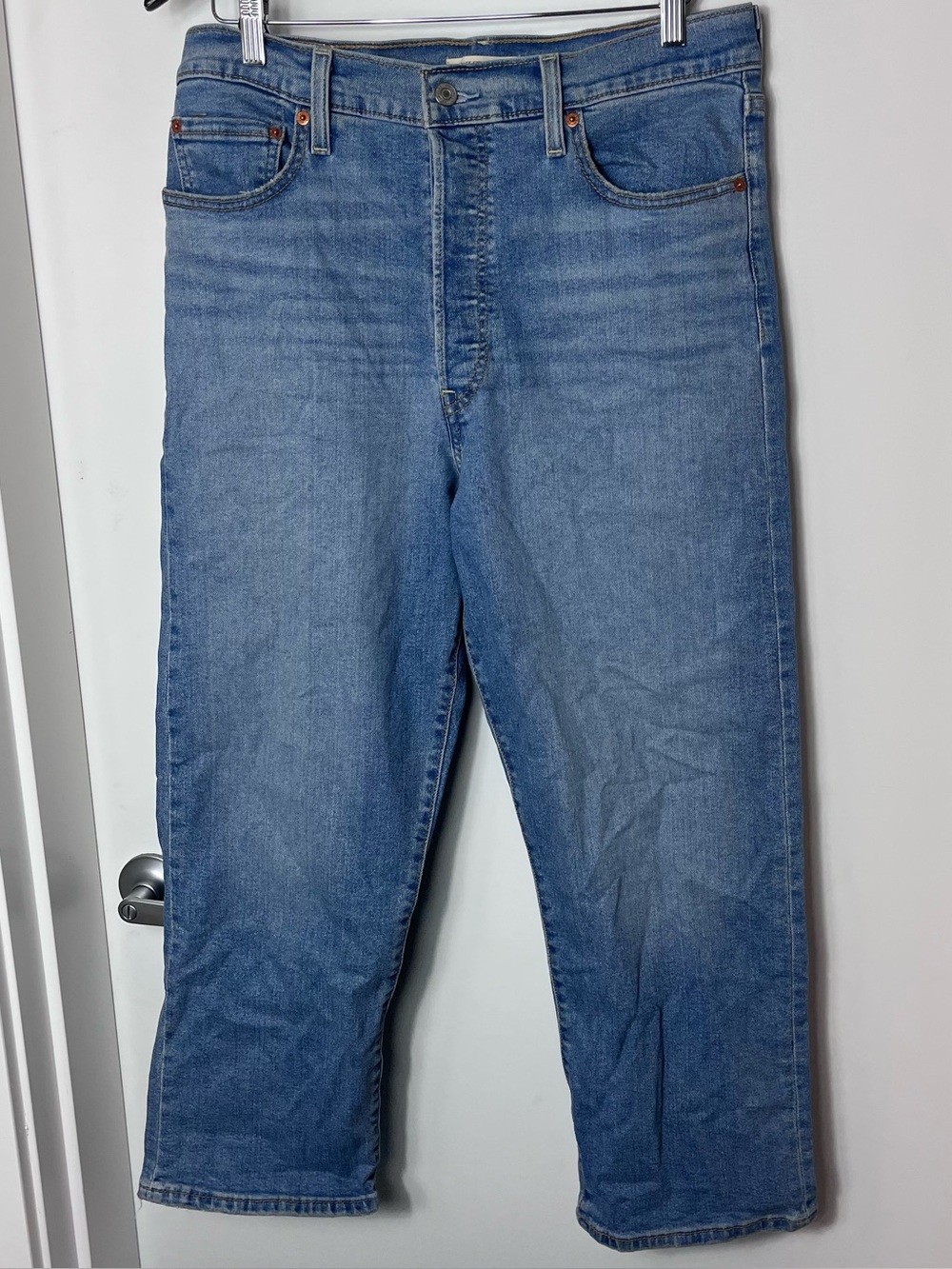 Levis Jeans Blue High Rise Button Fly Ribcage Straight Ankle Denim Womens 32
